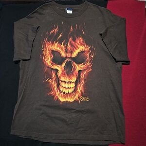 Most Shirt Mens Brown Short Sleeve Skull Skeleton Fire Graphic Cotton Size XXL